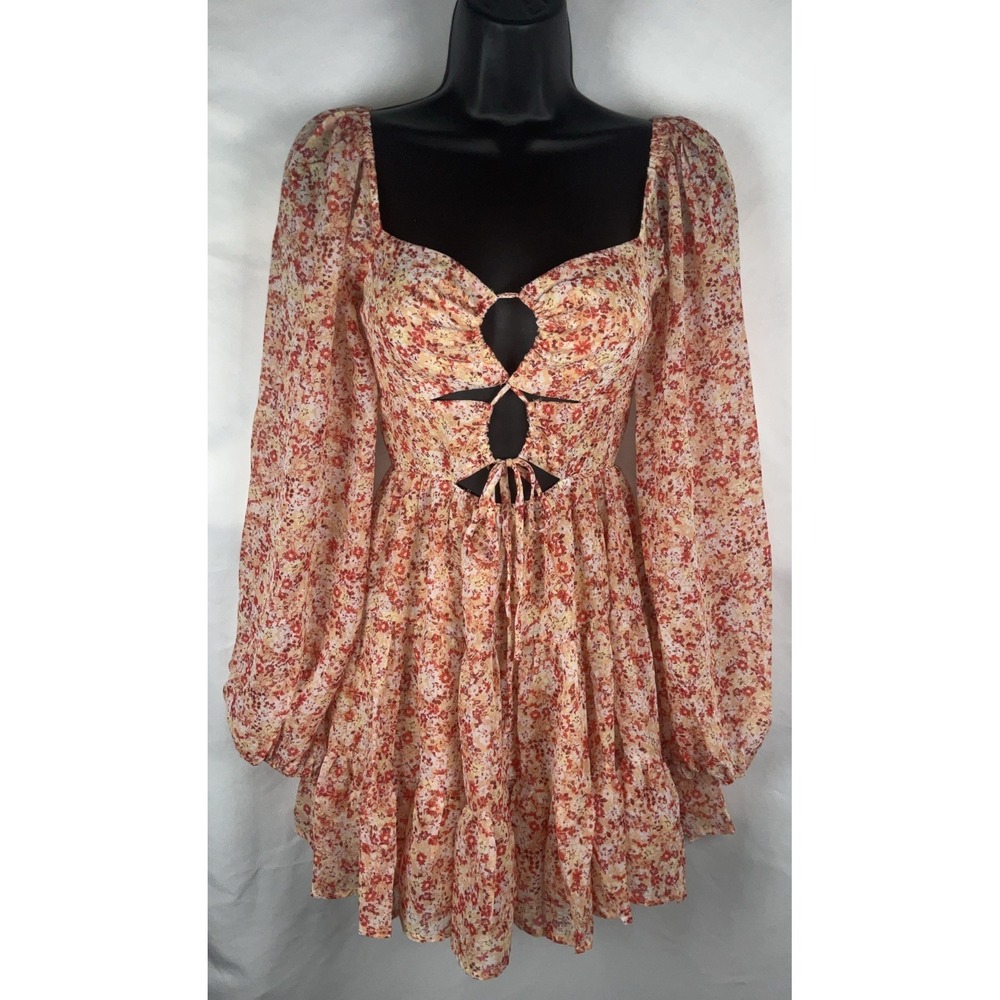 Sky to Moon Women's Dress Size S Cut Out Orange Floral LS Lined Tie Front